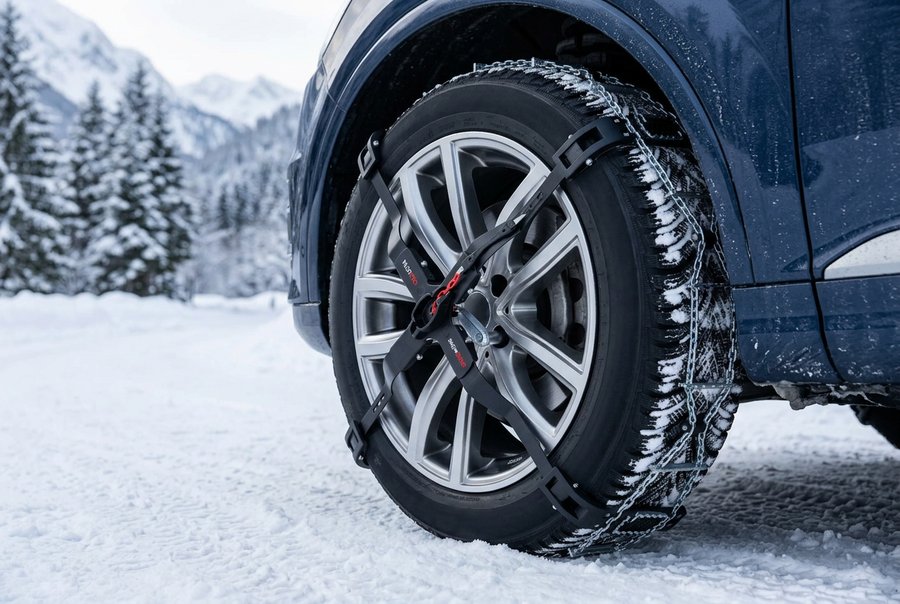 Catene Lampa Pilot Pro su ruota in un’ambientazione invernale