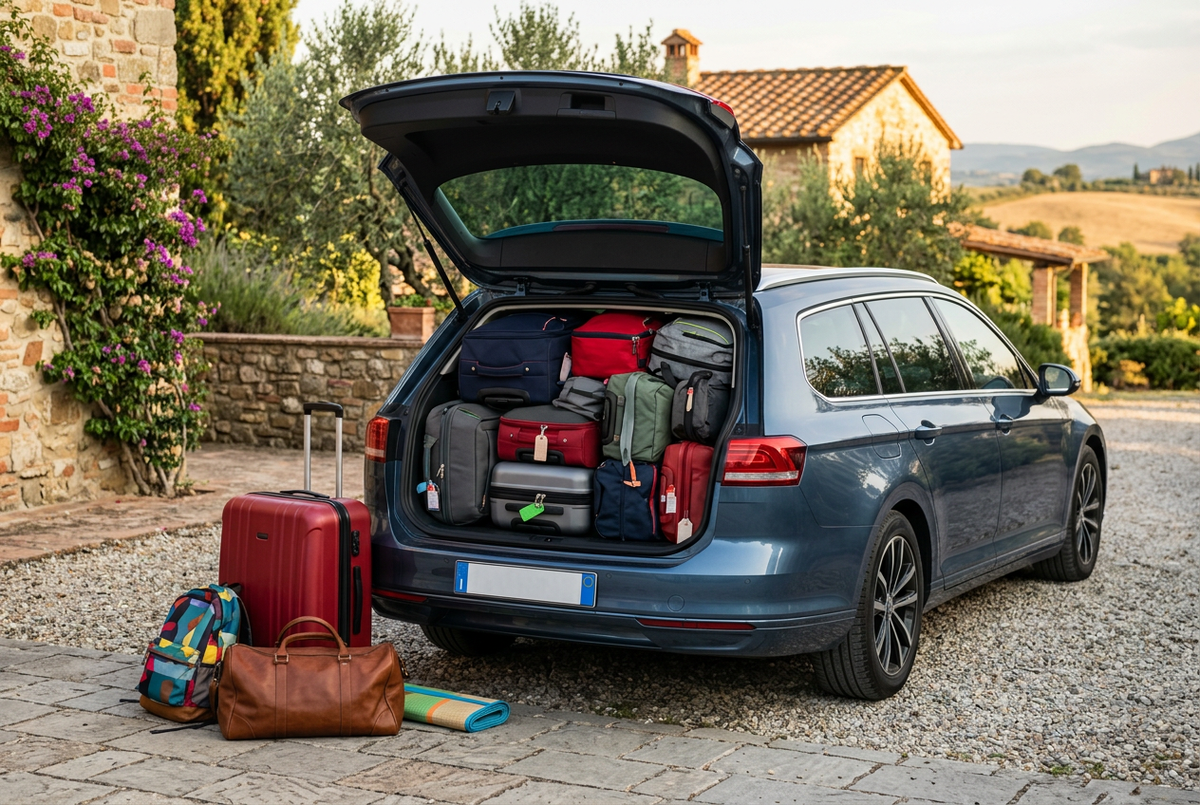 Auto con bagagliaio pieno fino all’orlo di valigie